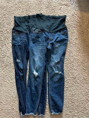 Maternity Dark Blue Distressed Skinny Jeans with Stretch Waistband - M and L